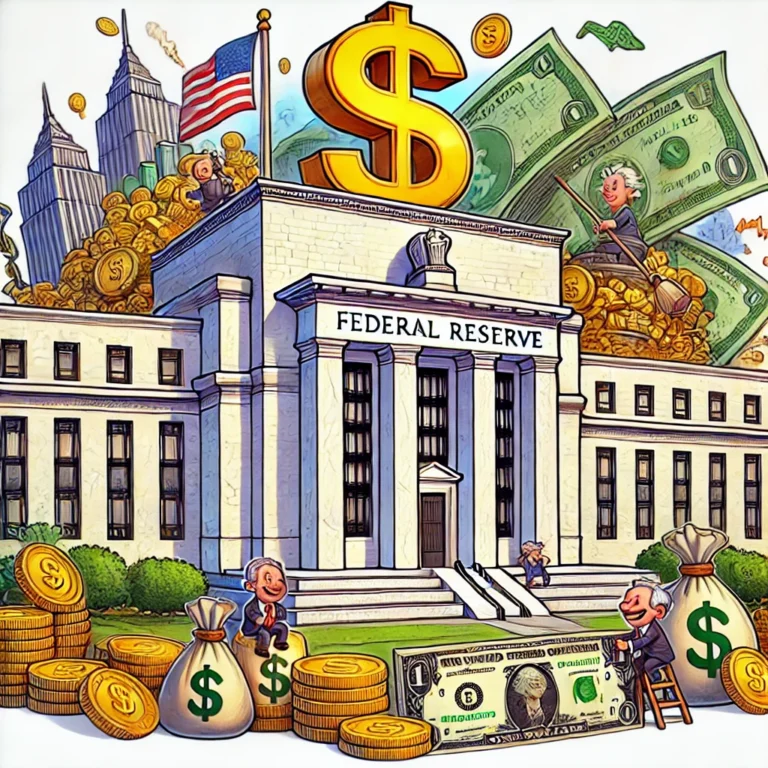 DALL·E 2024-11-01 16.41.49 – A cartoon-style illustration of the US Federal Reserve, showing a large, imposing building labeled ‘Federal Reserve’ with no actual text or letters, The IRS Announces Inflation Changes for 2025