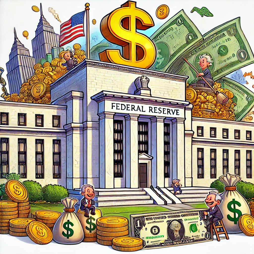DALL·E 2024-11-01 16.41.49 – A cartoon-style illustration of the US Federal Reserve, showing a large, imposing building labeled ‘Federal Reserve’ with no actual text or letters, The IRS Announces Inflation Changes for 2025